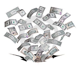 Dollar bank notes falling in black hole