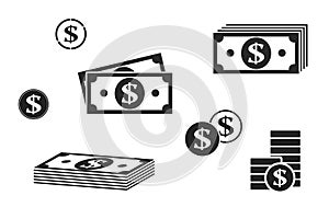 Dollar banknote and coin icon set. cash and money symbol