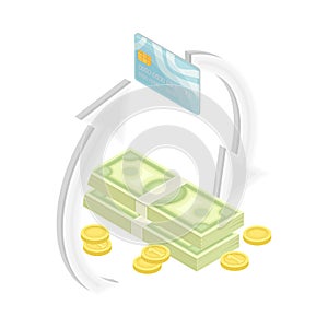 Dollar Banknote with Plastic Card as Financial Accounting and Transaction Isometric Vector Composition