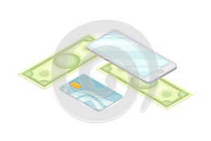 Dollar Banknote with Smartphone and Credit Card as Financial Accounting and Summary Isometric Vector Composition