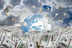 Dollar Banknotes Falling on Money Farm and around Earth