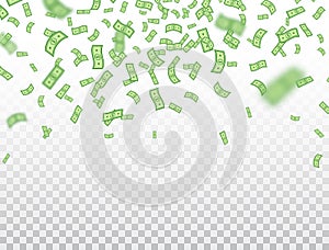 Dollar banknotes falling on transparent background. Dollars icon explosion. Money in a flat style. Cartoon cash sign