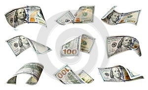 Dollar banknotes flying on white background, collage