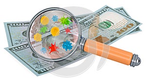 100 dollar banknotes with germs and bacterias under magnifying glass. 3D rendering photo