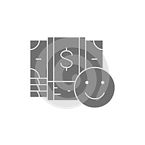 Dollar banknotes with happy face, money insurance, cash payment grey fill icon. Cash payment, paper bill, dollar symbol