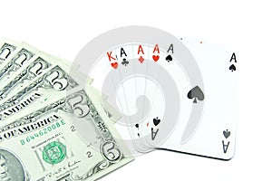 Dollar banknotes and holdem poker cards photo