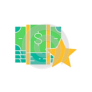 Dollar banknotes with star, feedback white outline icon. Cash payment, paper bill, dollar symbol design.