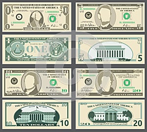 Dollar banknotes, us currency money bills vector set.