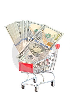 Dollar bill bancnotes 100 in shopping cart