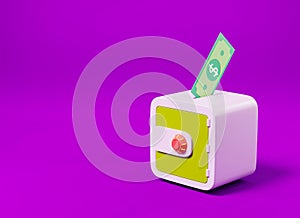 Dollar bill banknote money being put into isometric safe box on purple background