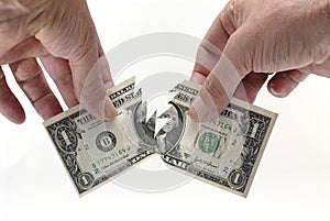 US One Dollar bill being torn in half by hands, white background