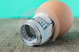 100 dollar bill in an egg shell. The concept of saving