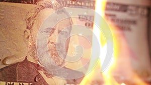 Dollar bill on fire. fire and money. 50