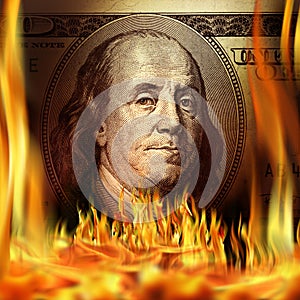 dollar bill and fire flames