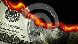 Dollar bill USA money burning in flames