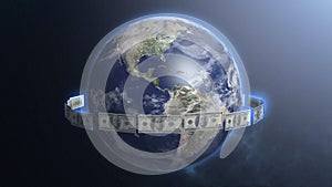 Dollar bills around Earth planet, money ruling world, cash flow, global trade photo