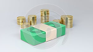 Dollar Bills With Coins Icon. Business Concept. 3D Render.