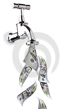 Dollar bills coming out of the facet, water tap isolated on white background