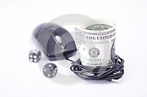 DOLLAR BILLS WITH COMPUTER MOUSE AND DICE