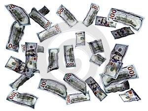 Dollar bills concept falling on white floor 3d render on white background no shadow