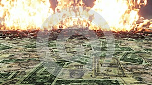 Dollar bills money burning in fire 3D background