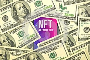 Dollar bills with NFT non-fungible token future of crypto art concept, finance and investment background photo