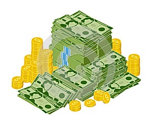 Dollar bills pile. Stacked money, green dollar cash and gold coins, money finance success. Heap dollar bills vector