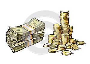 Dollar bills and stack of gold coins set. Hand drawn sketch vector set.
