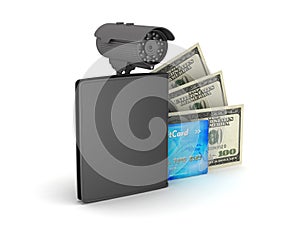 Dollar bills, wallet, credit card and video surveillance camera