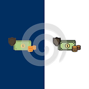 Dollar, Business, Coins, Finance, Gold, Money, Payment  Icons. Flat and Line Filled Icon Set Vector Blue Background