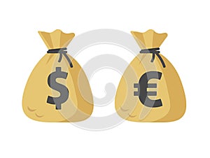 Dollar cash sack and euro money bag icon vector flat cartoon isolated on white sign