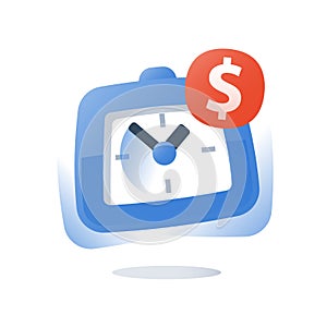 Dollar and clock, payment installment, time is money, long term investment, fast loan, pension savings account, finance management