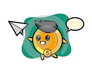 Dollar coin cartoon character throwing paper airplane