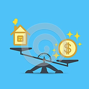 A dollar coin and a house on the scales. Money and house scales icon. Real estate, rent, expenses. Vector.