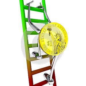 Dollar coin robot climbs up the ladder illustration