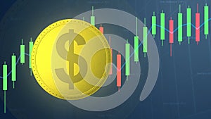 Dollar coin symbol on yellow money with trading graphic concept of a business idea with blue background. Abstract golden dollar on