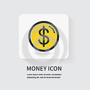 Dollar coin on white background. Currency symbols. Money icon. Vector illustration