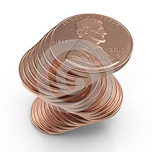 Dollar coins 1 cent currency of the United States isolated over white. 3D illustration, clipping path