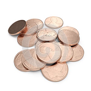 Dollar coins 1 cent currency of the United States isolated over white. 3D illustration, clipping path