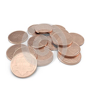 Dollar coins 1 cent currency of the United States isolated over white. 3D illustration, clipping path