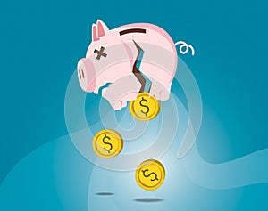Dollar coins dropping out from broken piggy bank.Bankrupt concept illustration vector file