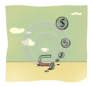 Dollar coins fall from the sky and are attracted to the magnet. Business is plus and minus. Income and expenses. illustration