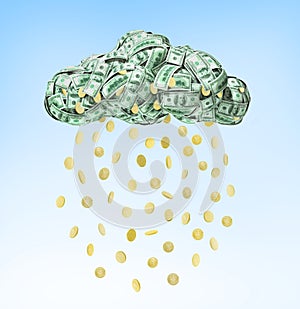 Dollar coins falling from the clouds