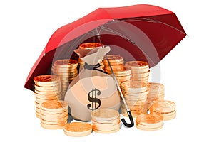 Dollar coins and money bag with dollar under umbrella. Financial