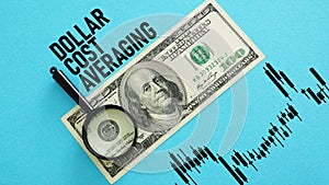 Dollar cost averaging DCA is shown using the text and photo of dollars