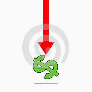 Dollar crash symbol with red arrow on white background. Global Economic Downturn. Recession.