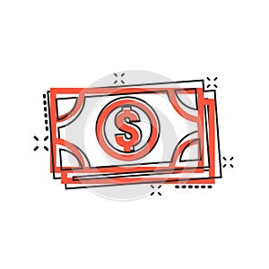 Dollar currency banknote icon in comic style. Dollar cash cartoon vector illustration on white isolated background. Banknote bill