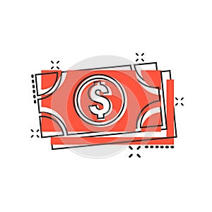 Dollar currency banknote icon in comic style. Dollar cash cartoon vector illustration on white isolated background. Banknote bill