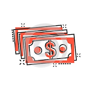 Dollar currency banknote icon in comic style. Dollar cash cartoon vector illustration on white isolated background. Banknote bill