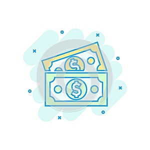 Dollar currency banknote icon in comic style. Dollar cash vector cartoon illustration pictogram. Banknote bill business concept